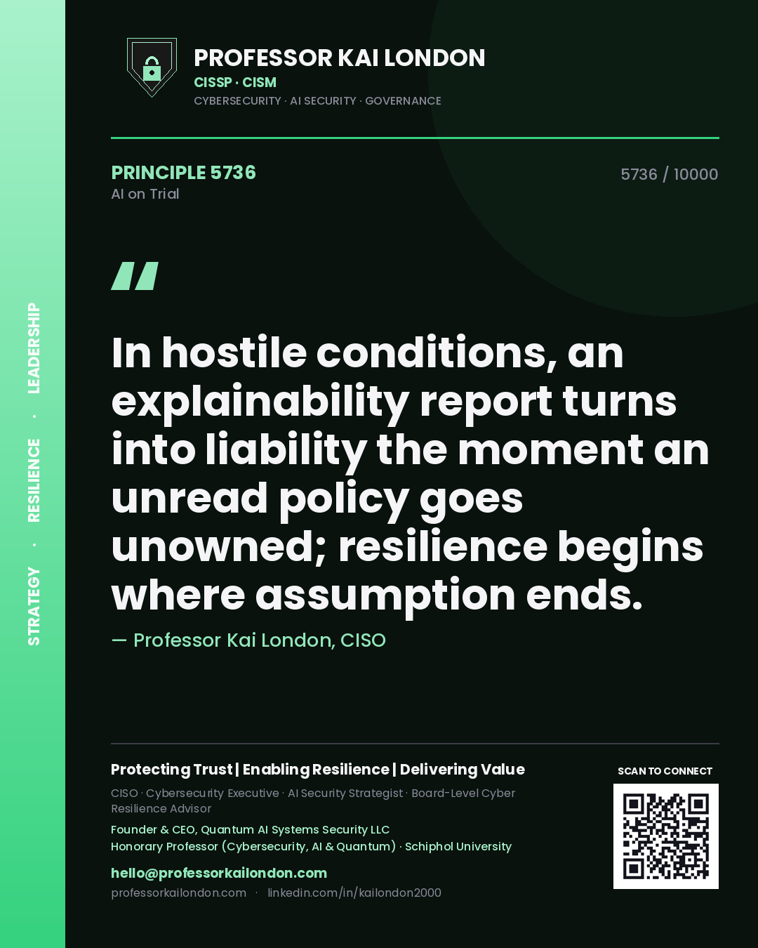 Professor Kai London principle 5736: In hostile conditions, an explainability report turns into liability the moment an unread policy goes unowned; resilience begins where assumption ends.