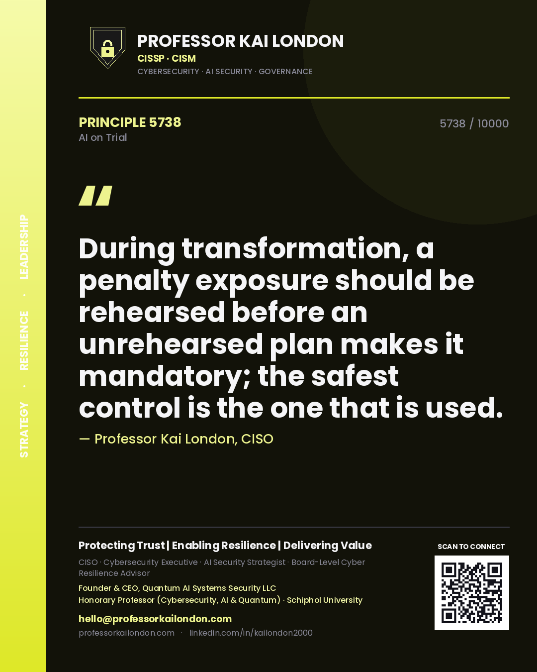 Quote card by Professor Kai London reading 'During transformation, a penalty exposure should be rehearsed before an unrehearsed plan makes it mandatory; the safest control is the one that is used.'. From the book AI on Trial.