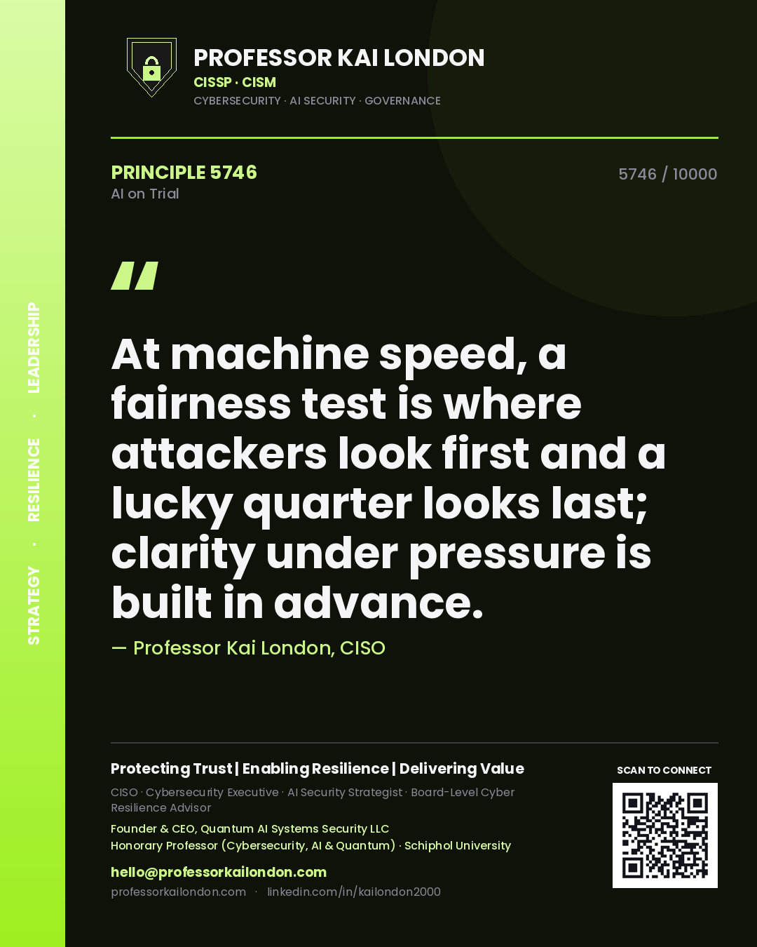 Quote card by Professor Kai London reading 'At machine speed, a fairness test is where attackers look first and a lucky quarter looks last; clarity under pressure is built in advance.'. From the book AI on Trial.