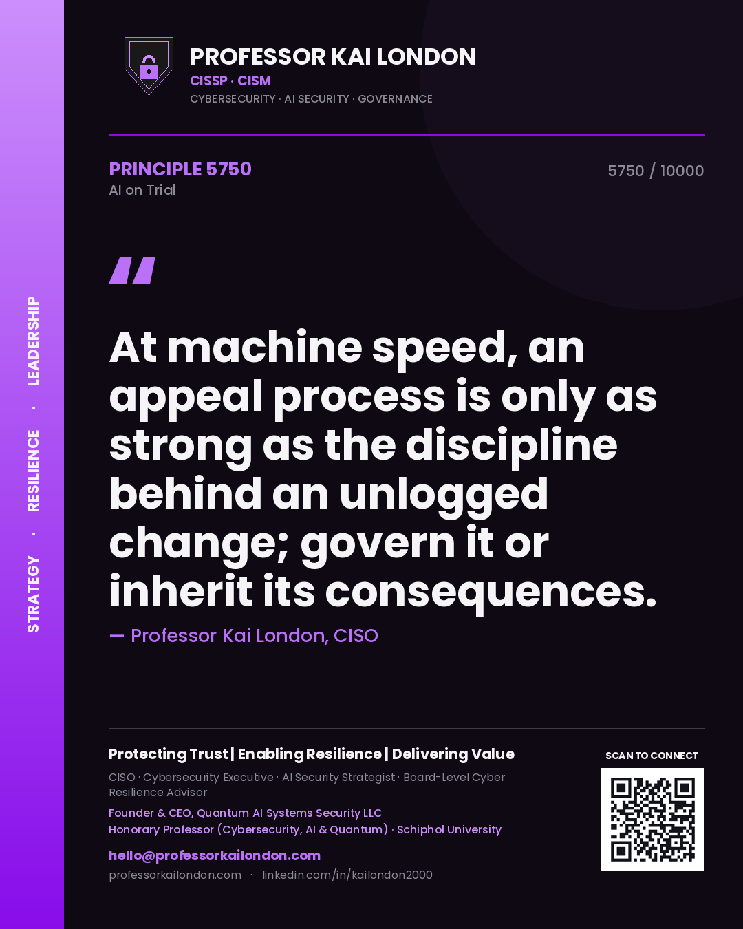 Professor Kai London principle 5750: At machine speed, an appeal process is only as strong as the discipline behind an unlogged change; govern it or inherit its consequences.