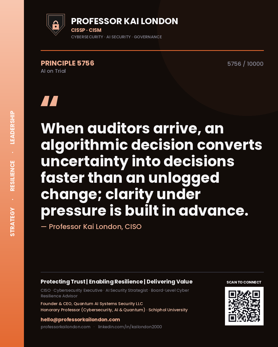 Professor Kai London principle 5756: When auditors arrive, an algorithmic decision converts uncertainty into decisions faster than an unlogged change; clarity under pressure is built in advance.