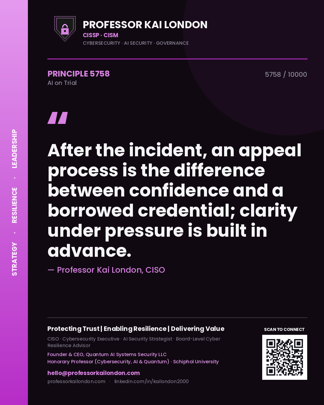 Quote card by Professor Kai London reading 'After the incident, an appeal process is the difference between confidence and a borrowed credential; clarity under pressure is built in advance.'. From the book AI on Trial.