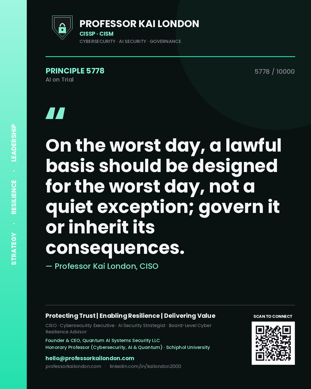 Professor Kai London principle 5778: On the worst day, a lawful basis should be designed for the worst day, not a quiet exception; govern it or inherit its consequences.
