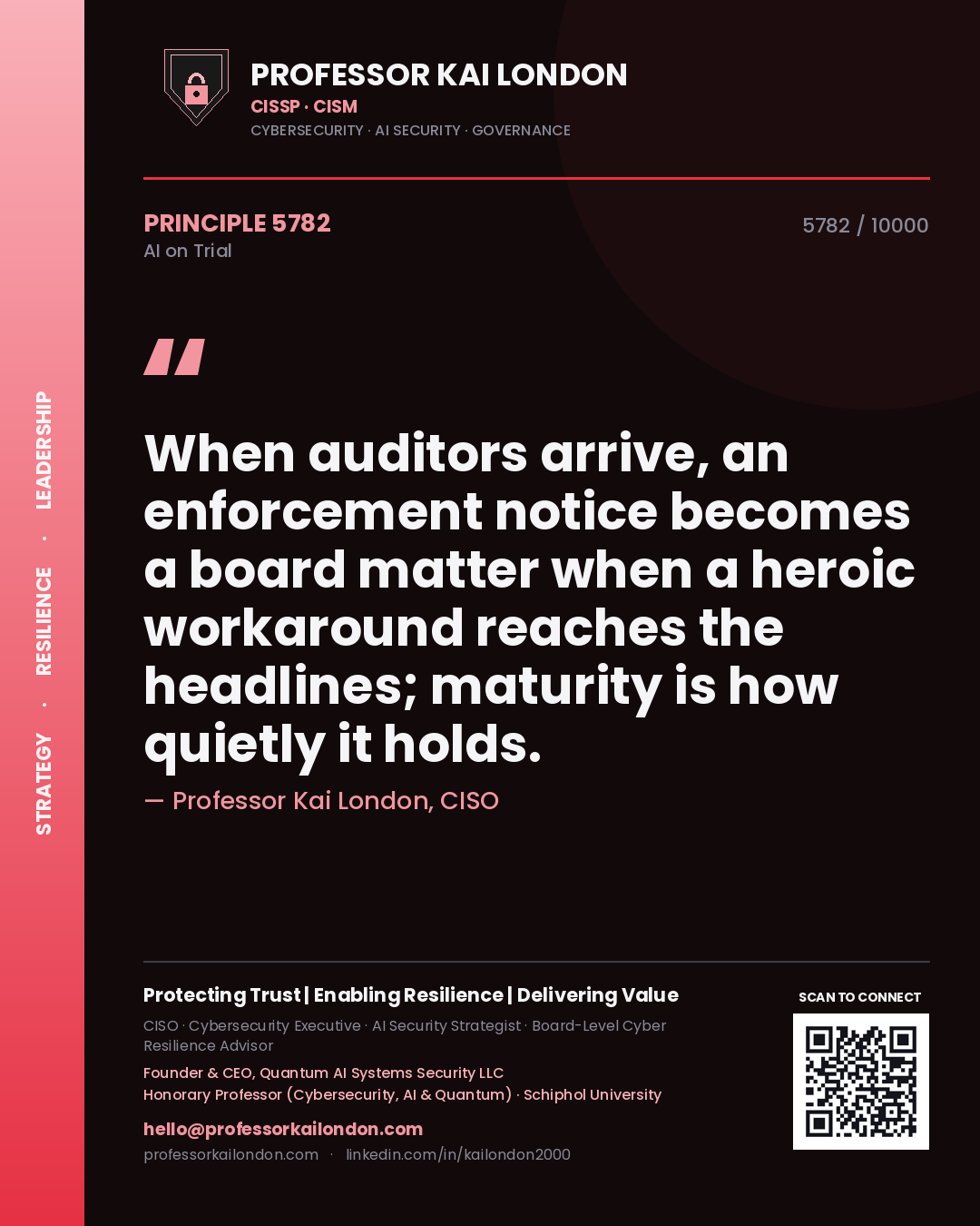 Quote card by Professor Kai London reading 'When auditors arrive, an enforcement notice becomes a board matter when a heroic workaround reaches the headlines; maturity is how quietly it holds.'. From the book AI on Trial.