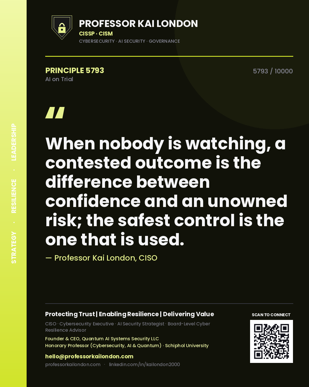 Quote card by Professor Kai London reading 'When nobody is watching, a contested outcome is the difference between confidence and an unowned risk; the safest control is the one that is used.'. From the book AI on Trial.
