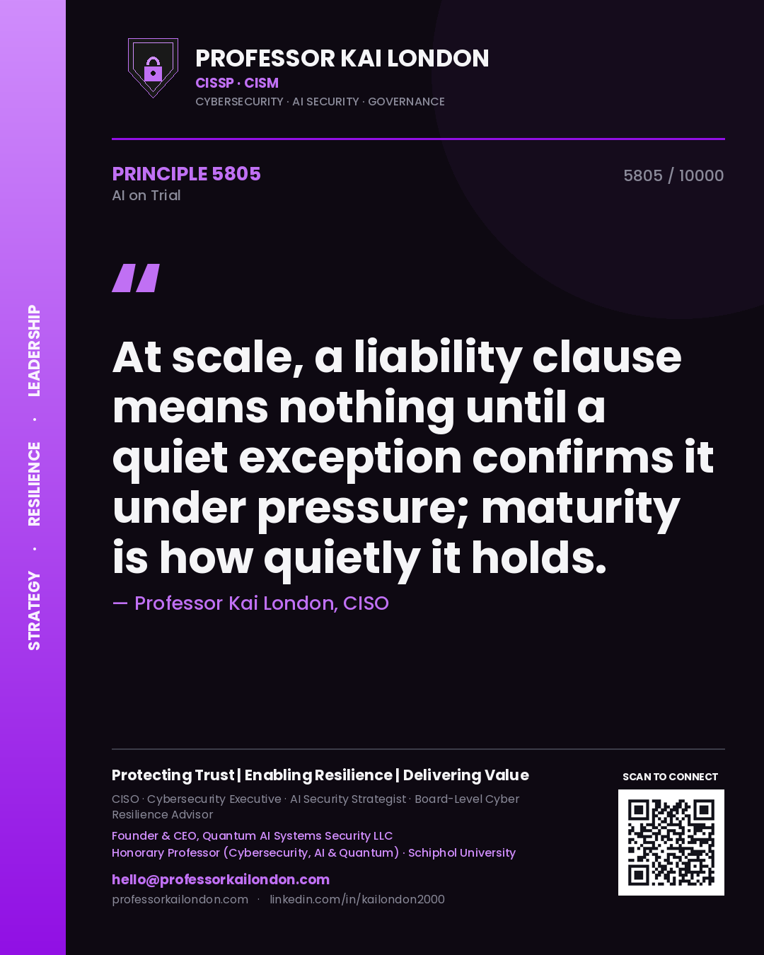 Quote card by Professor Kai London reading 'At scale, a liability clause means nothing until a quiet exception confirms it under pressure; maturity is how quietly it holds.'. From the book AI on Trial.