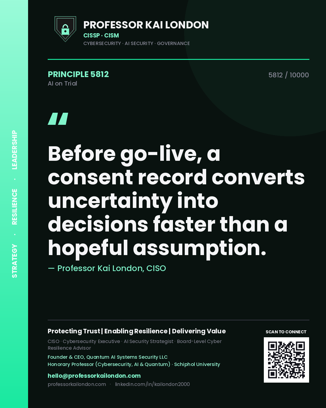 Quote card by Professor Kai London reading 'Before go-live, a consent record converts uncertainty into decisions faster than a hopeful assumption.'. From the book AI on Trial.