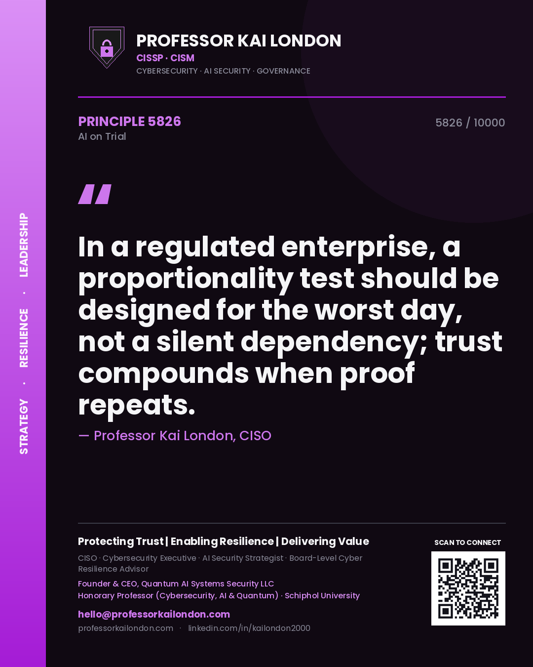 Quote card by Professor Kai London reading 'In a regulated enterprise, a proportionality test should be designed for the worst day, not a silent dependency; trust compounds when proof repeats.'. From the book AI on Trial.
