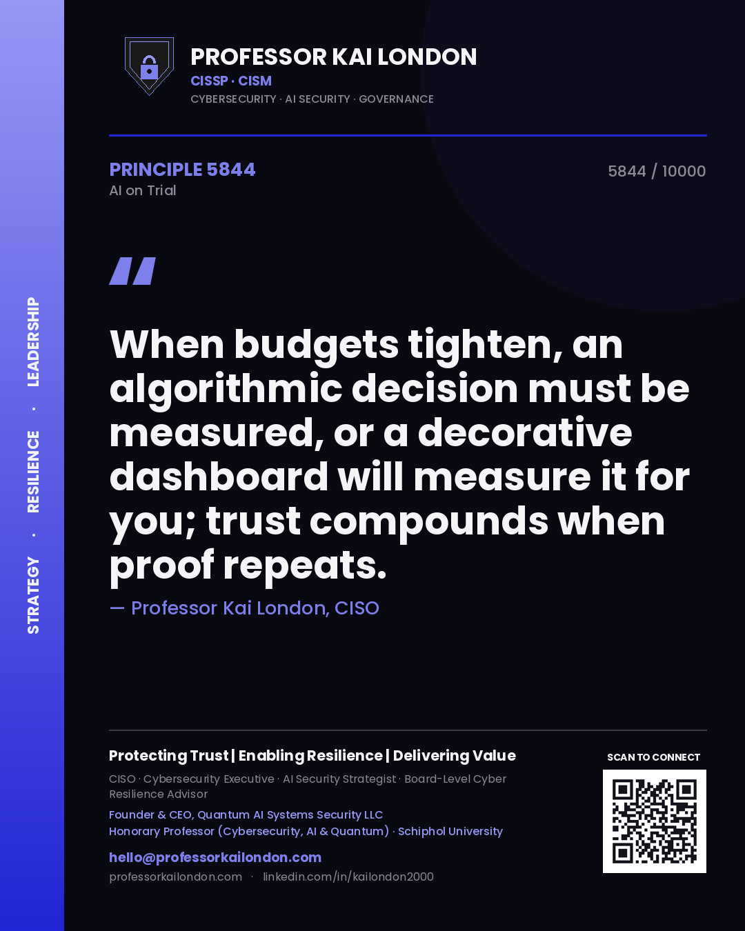 Professor Kai London principle 5844: When budgets tighten, an algorithmic decision must be measured, or a decorative dashboard will measure it for you; trust compounds when proof repeats.