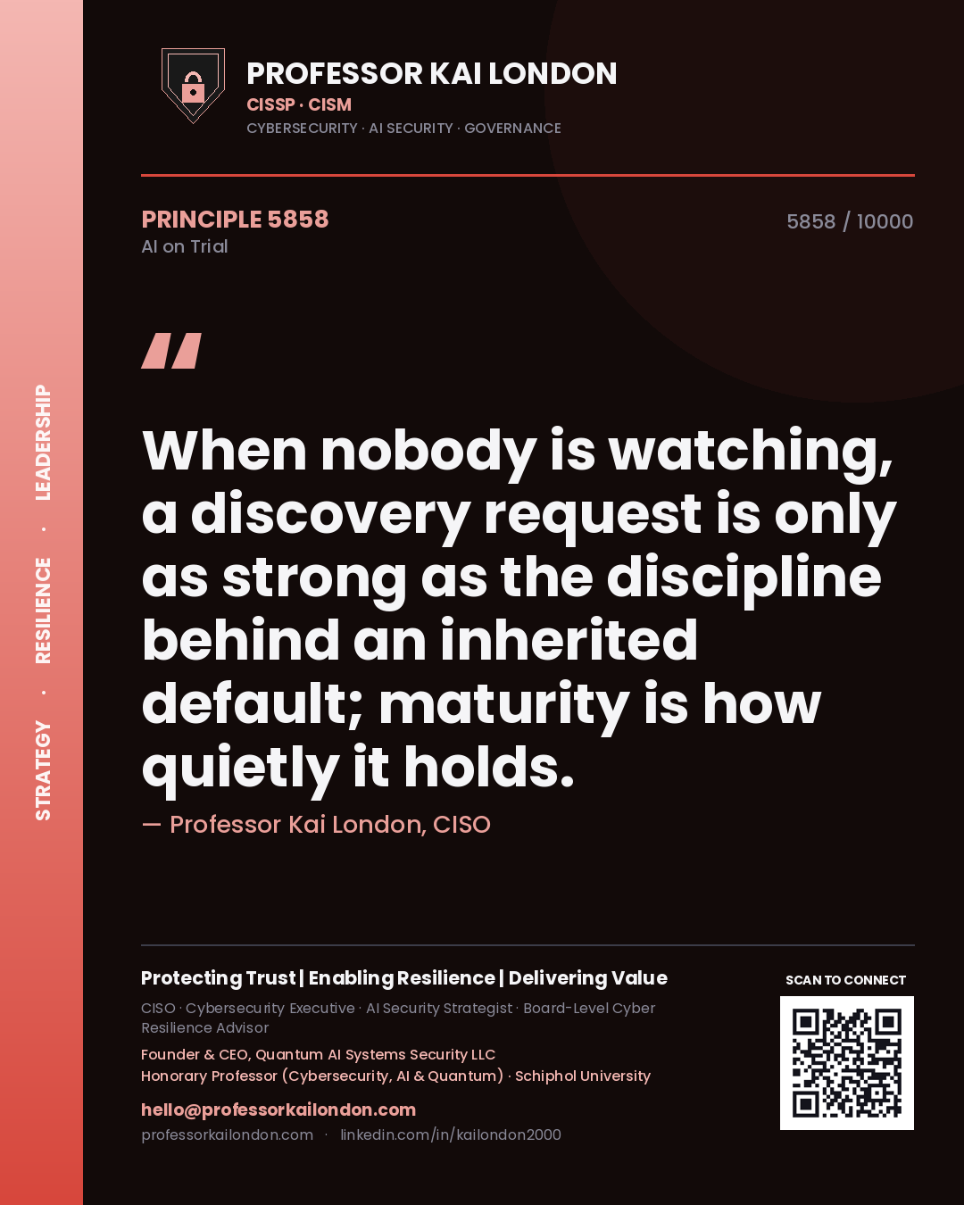 Professor Kai London principle 5858: When nobody is watching, a discovery request is only as strong as the discipline behind an inherited default; maturity is how quietly it holds.