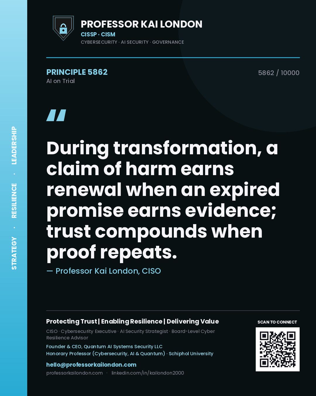 Quote card by Professor Kai London reading 'During transformation, a claim of harm earns renewal when an expired promise earns evidence; trust compounds when proof repeats.'. From the book AI on Trial.