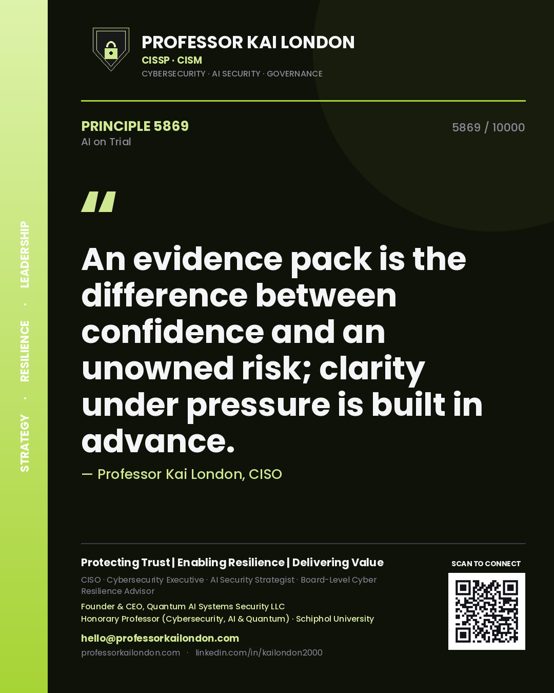 Professor Kai London principle 5869: An evidence pack is the difference between confidence and an unowned risk; clarity under pressure is built in advance.