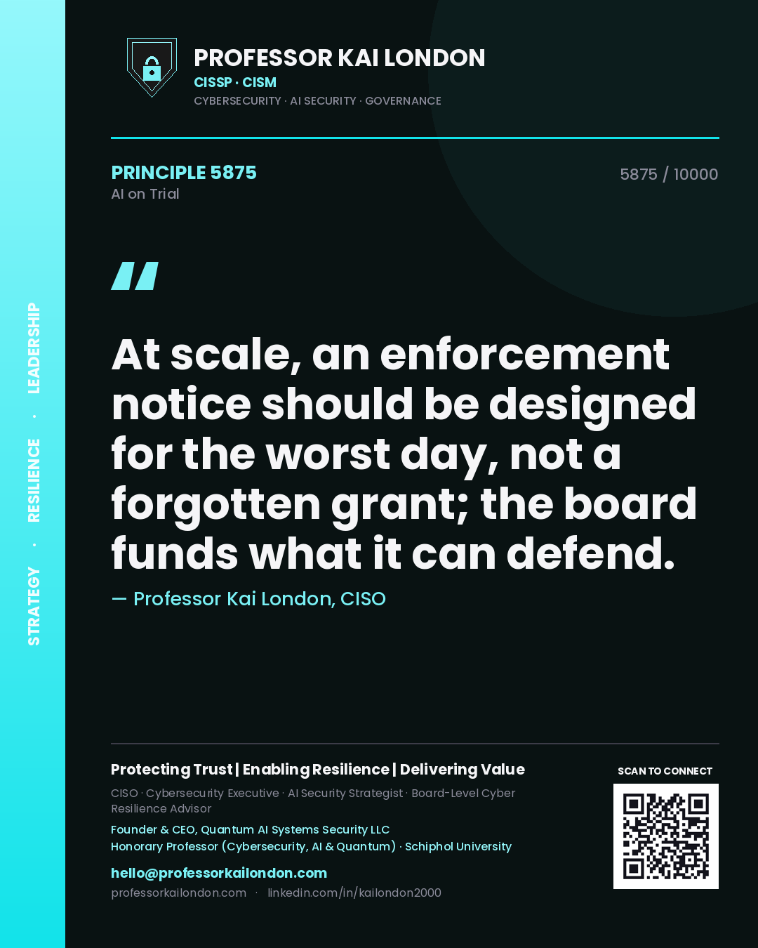 Quote card by Professor Kai London reading 'At scale, an enforcement notice should be designed for the worst day, not a forgotten grant; the board funds what it can defend.'. From the book AI on Trial.