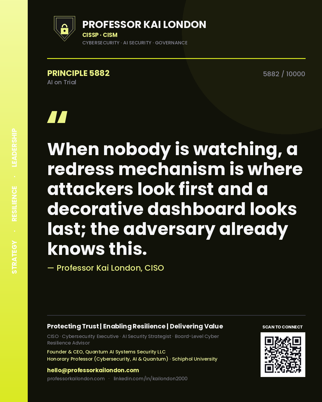 Quote card by Professor Kai London reading 'When nobody is watching, a redress mechanism is where attackers look first and a decorative dashboard looks last; the adversary already knows this.'. From the book AI on Trial.