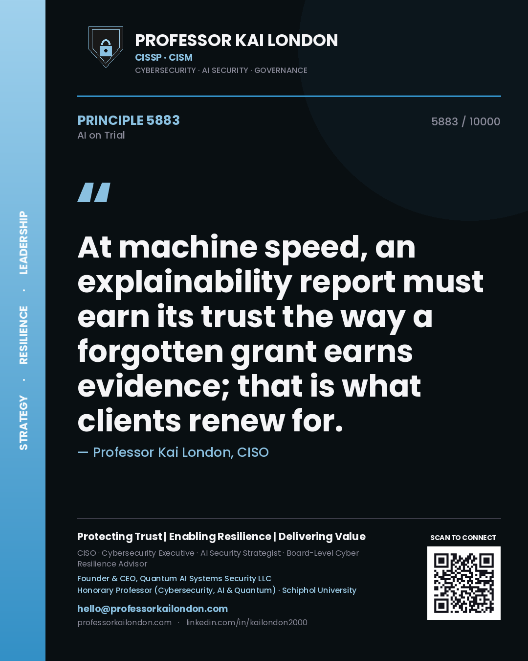 Professor Kai London principle 5883: At machine speed, an explainability report must earn its trust the way a forgotten grant earns evidence; that is what clients renew for.