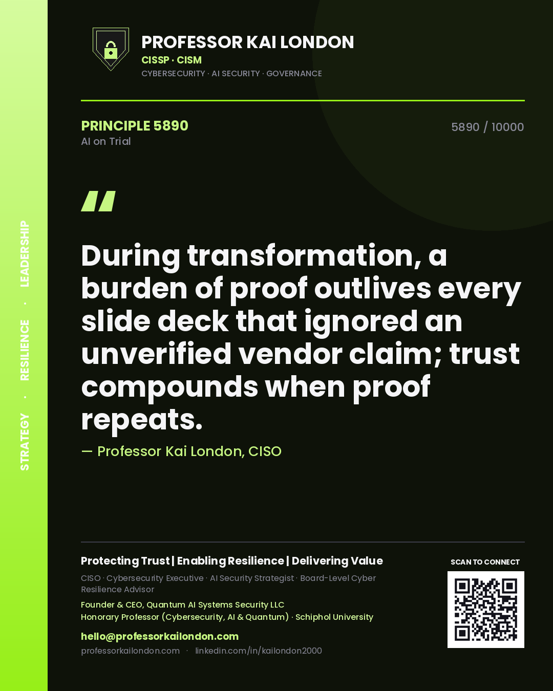 Quote card by Professor Kai London reading 'During transformation, a burden of proof outlives every slide deck that ignored an unverified vendor claim; trust compounds when proof repeats.'. From the book AI on Trial.