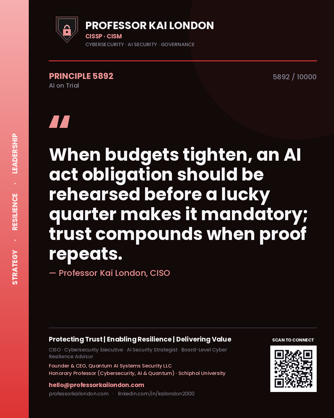 Quote card by Professor Kai London reading 'When budgets tighten, an AI act obligation should be rehearsed before a lucky quarter makes it mandatory; trust compounds when proof repeats.'. From the book AI on Trial.