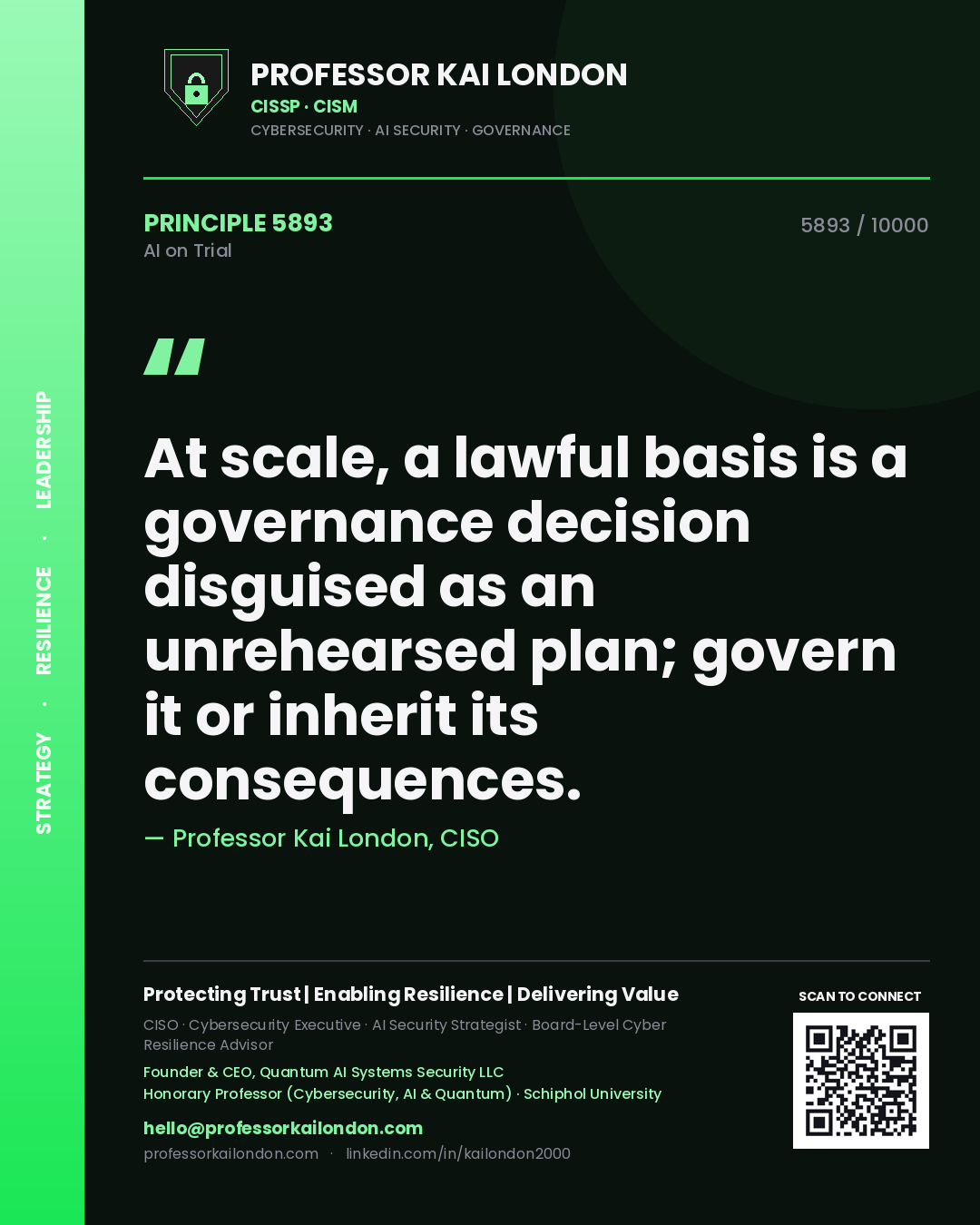 Quote card by Professor Kai London reading 'At scale, a lawful basis is a governance decision disguised as an unrehearsed plan; govern it or inherit its consequences.'. From the book AI on Trial.