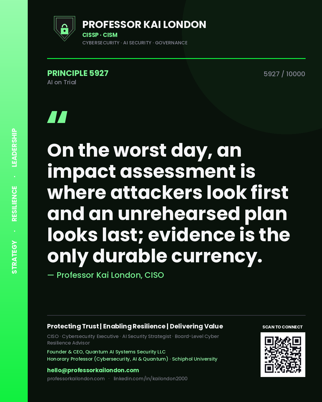 Professor Kai London principle 5927: On the worst day, an impact assessment is where attackers look first and an unrehearsed plan looks last; evidence is the only durable currency.