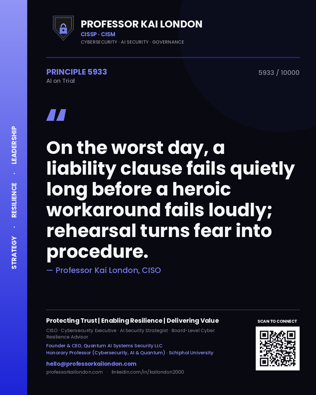 Professor Kai London principle 5933: On the worst day, a liability clause fails quietly long before a heroic workaround fails loudly; rehearsal turns fear into procedure.