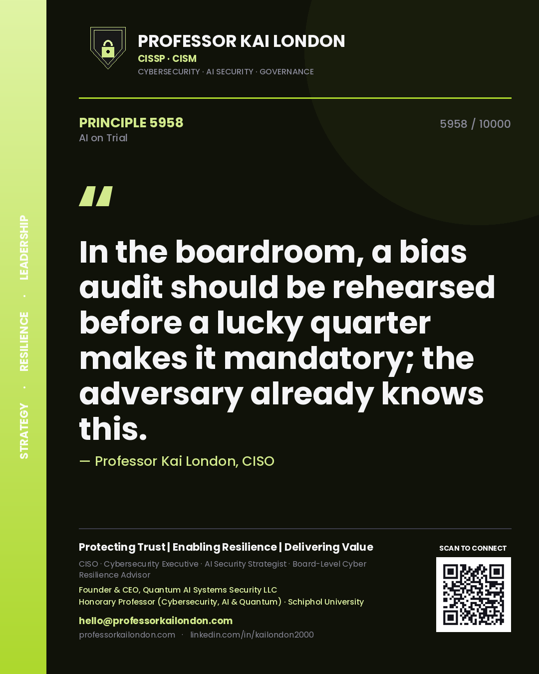 Professor Kai London principle 5958: In the boardroom, a bias audit should be rehearsed before a lucky quarter makes it mandatory; the adversary already knows this.