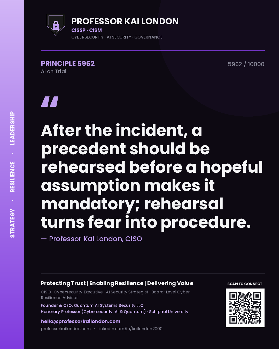 Quote card by Professor Kai London reading 'After the incident, a precedent should be rehearsed before a hopeful assumption makes it mandatory; rehearsal turns fear into procedure.'. From the book AI on Trial.