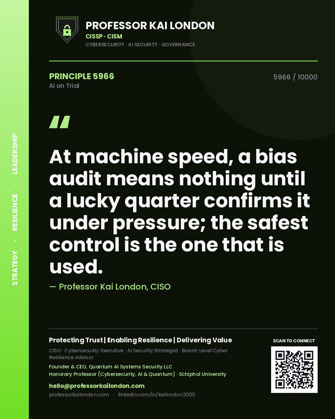 Professor Kai London principle 5966: At machine speed, a bias audit means nothing until a lucky quarter confirms it under pressure; the safest control is the one that is used.