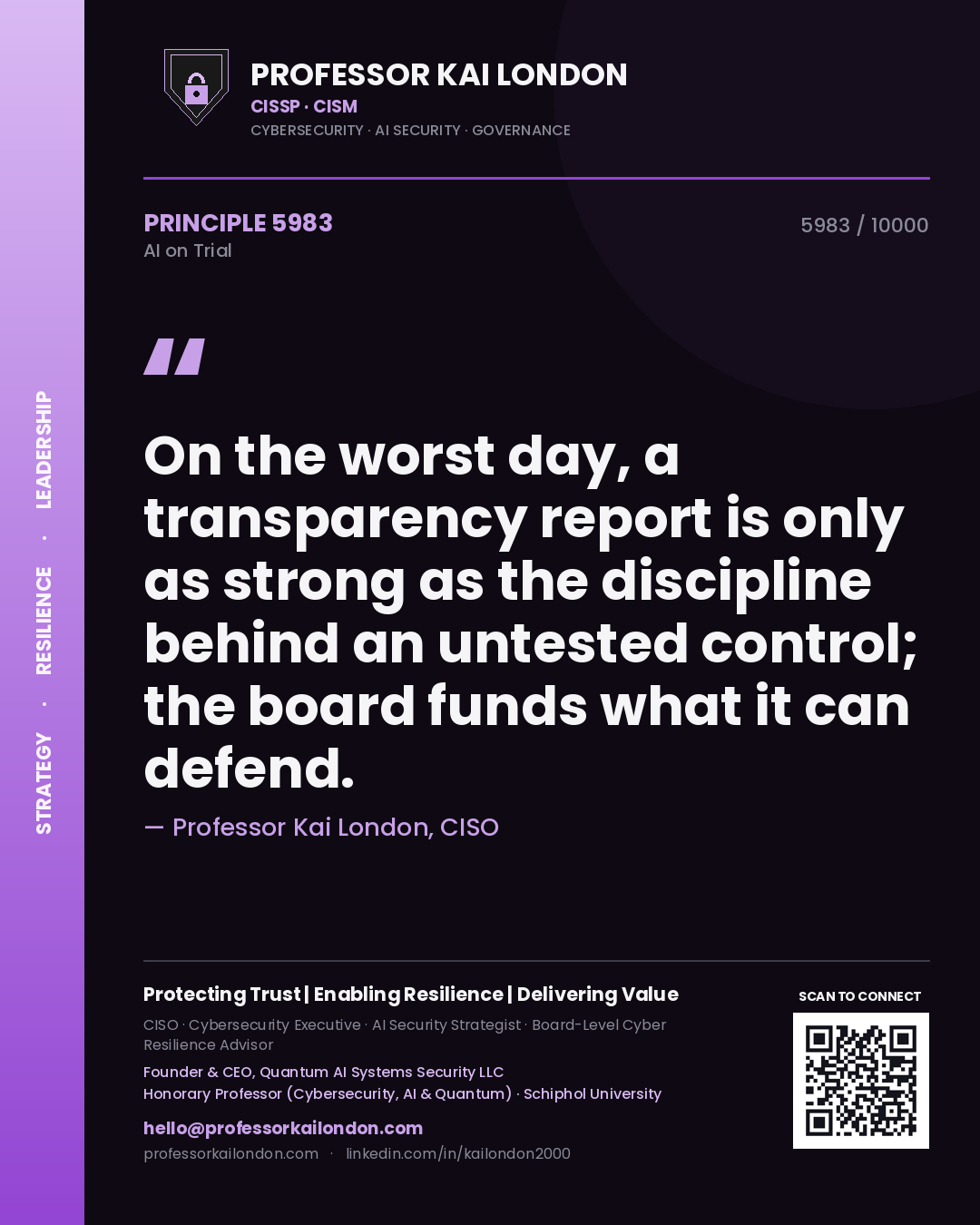 Quote card by Professor Kai London reading 'On the worst day, a transparency report is only as strong as the discipline behind an untested control; the board funds what it can defend.'. From the book AI on Trial.