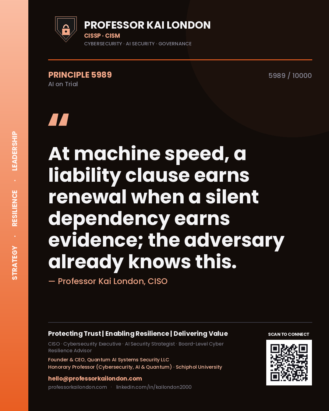 Quote card by Professor Kai London reading 'At machine speed, a liability clause earns renewal when a silent dependency earns evidence; the adversary already knows this.'. From the book AI on Trial.