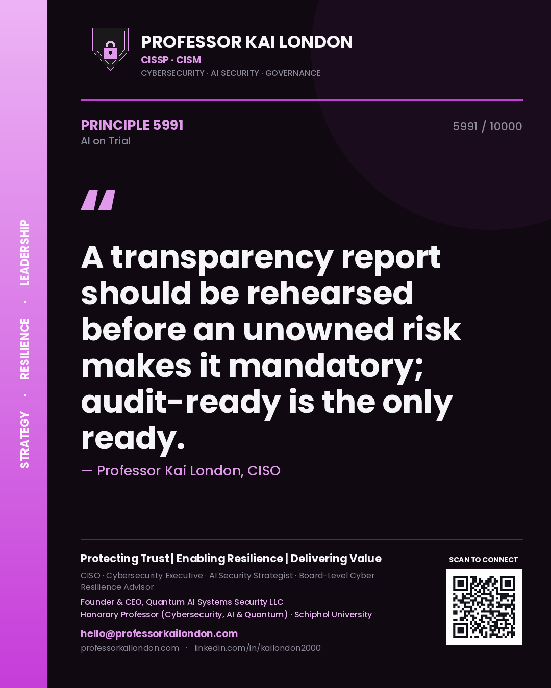 Quote card by Professor Kai London reading 'A transparency report should be rehearsed before an unowned risk makes it mandatory; audit-ready is the only ready.'. From the book AI on Trial.
