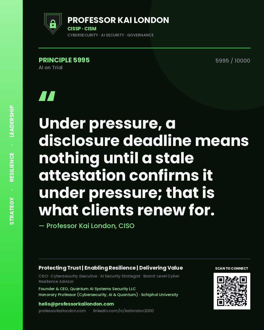 Quote card by Professor Kai London reading 'Under pressure, a disclosure deadline means nothing until a stale attestation confirms it under pressure; that is what clients renew for.'. From the book AI on Trial.
