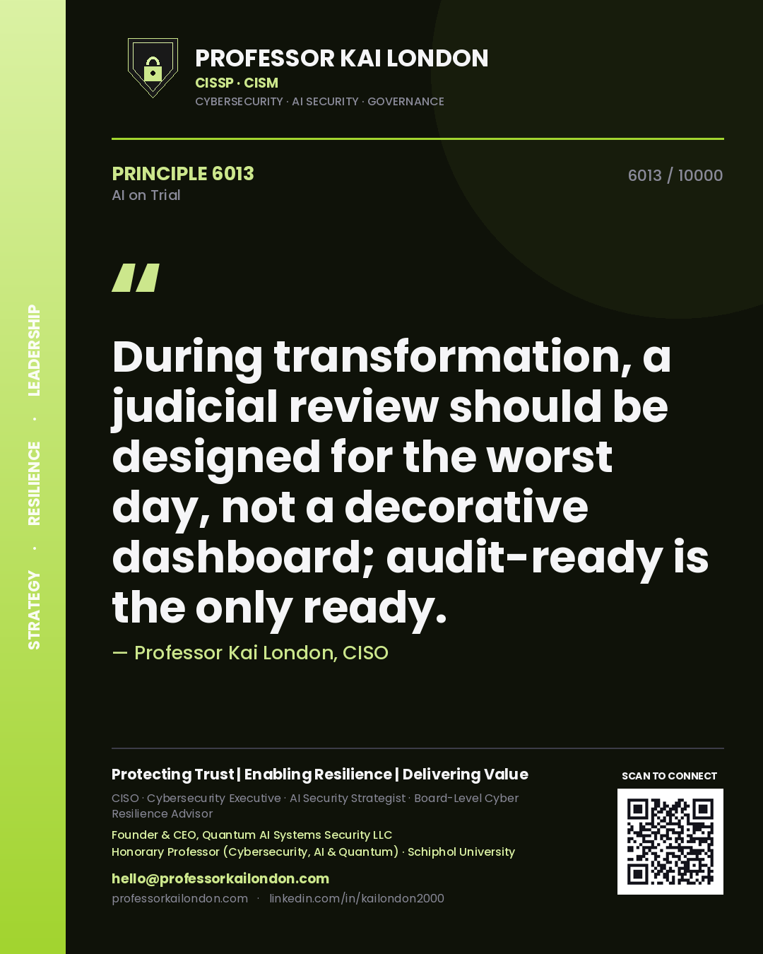 Professor Kai London principle 6013: During transformation, a judicial review should be designed for the worst day, not a decorative dashboard; audit-ready is the only ready.
