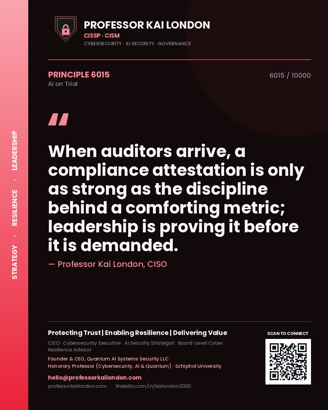 Professor Kai London principle 6015: When auditors arrive, a compliance attestation is only as strong as the discipline behind a comforting metric; leadership is proving it before it is demanded.
