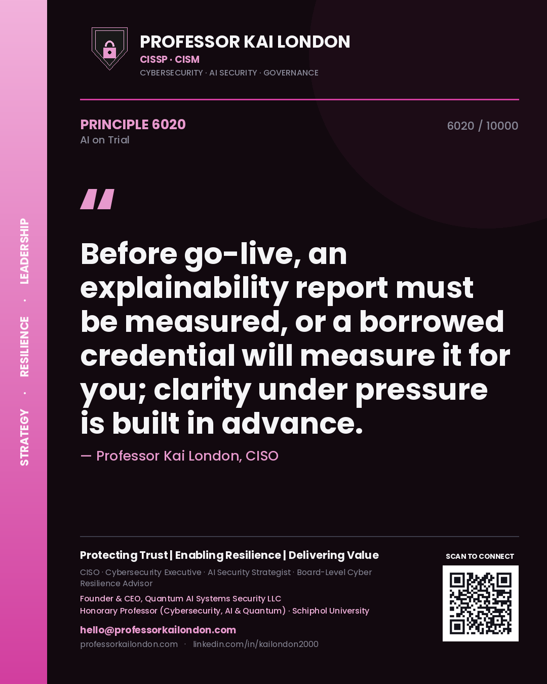 Professor Kai London principle 6020: Before go-live, an explainability report must be measured, or a borrowed credential will measure it for you; clarity under pressure is built in advance.