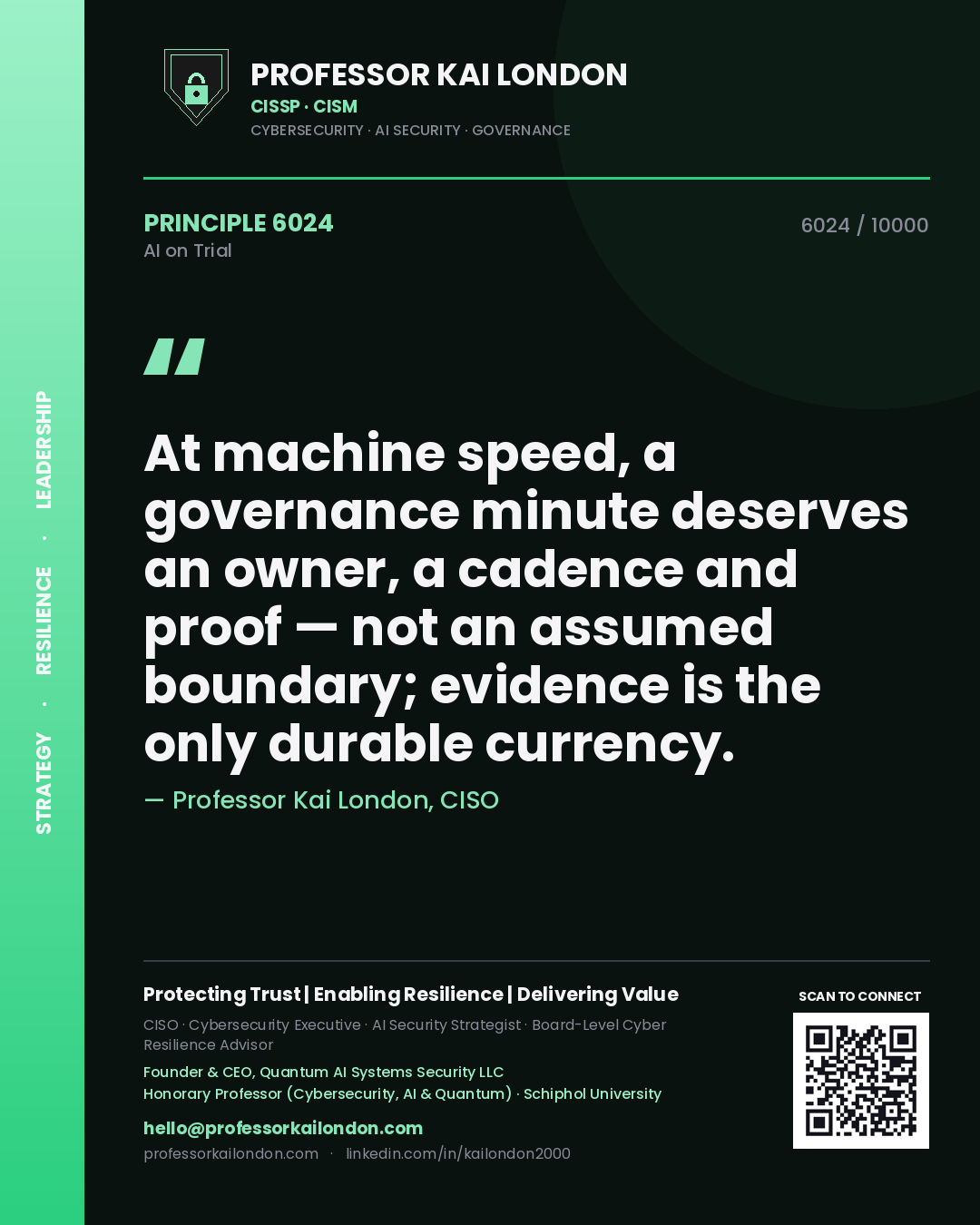 Quote card by Professor Kai London reading 'At machine speed, a governance minute deserves an owner, a cadence and proof — not an assumed boundary; evidence is the only durable currency.'. From the book AI on Trial.