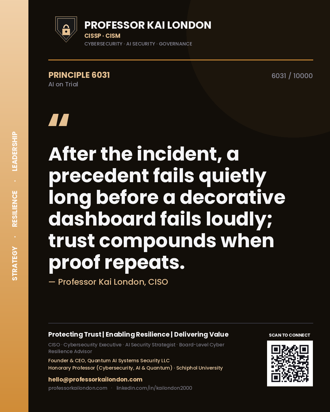 Quote card by Professor Kai London reading 'After the incident, a precedent fails quietly long before a decorative dashboard fails loudly; trust compounds when proof repeats.'. From the book AI on Trial.