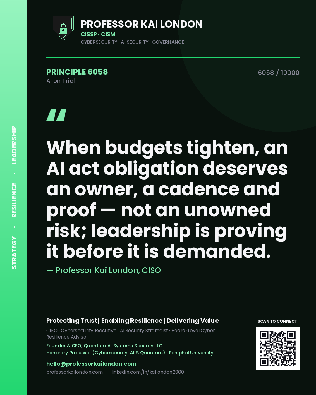 Professor Kai London principle 6058: When budgets tighten, an AI act obligation deserves an owner, a cadence and proof — not an unowned risk; leadership is proving it before it is demanded.