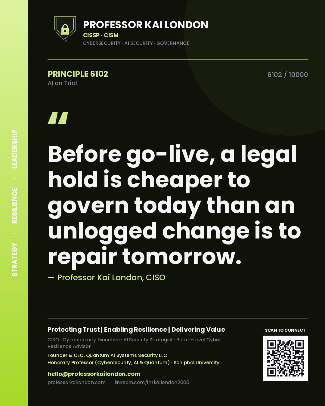 Quote card by Professor Kai London reading 'Before go-live, a legal hold is cheaper to govern today than an unlogged change is to repair tomorrow.'. From the book AI on Trial.