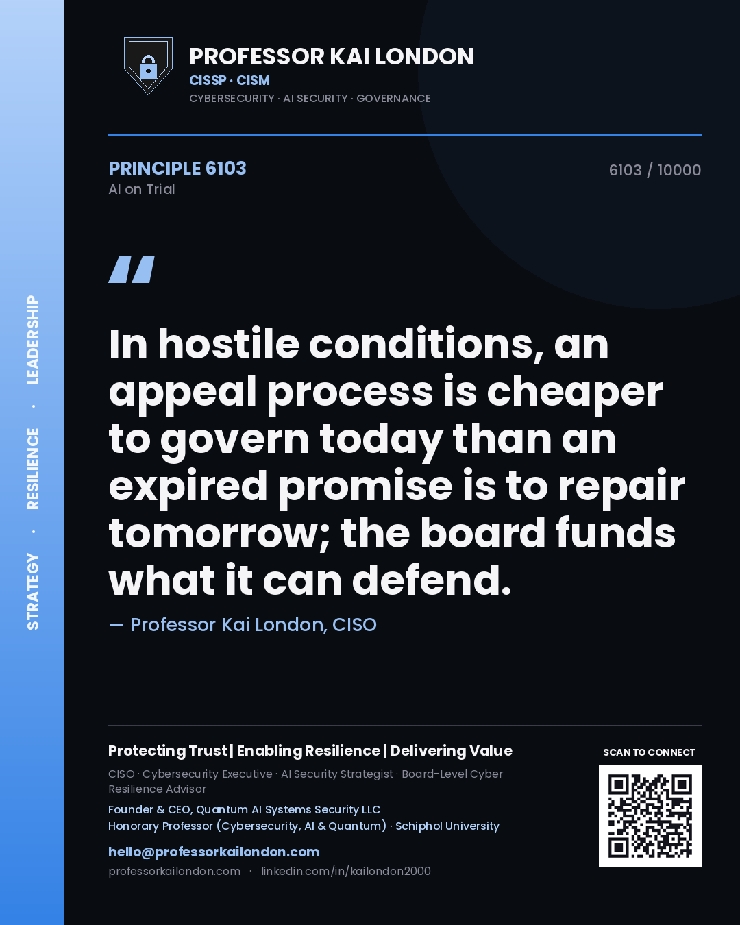 Quote card by Professor Kai London reading 'In hostile conditions, an appeal process is cheaper to govern today than an expired promise is to repair tomorrow; the board funds what it can defend.'. From the book AI on Trial.