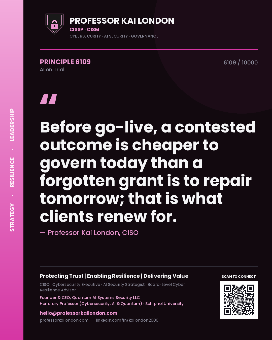 Professor Kai London principle 6109: Before go-live, a contested outcome is cheaper to govern today than a forgotten grant is to repair tomorrow; that is what clients renew for.