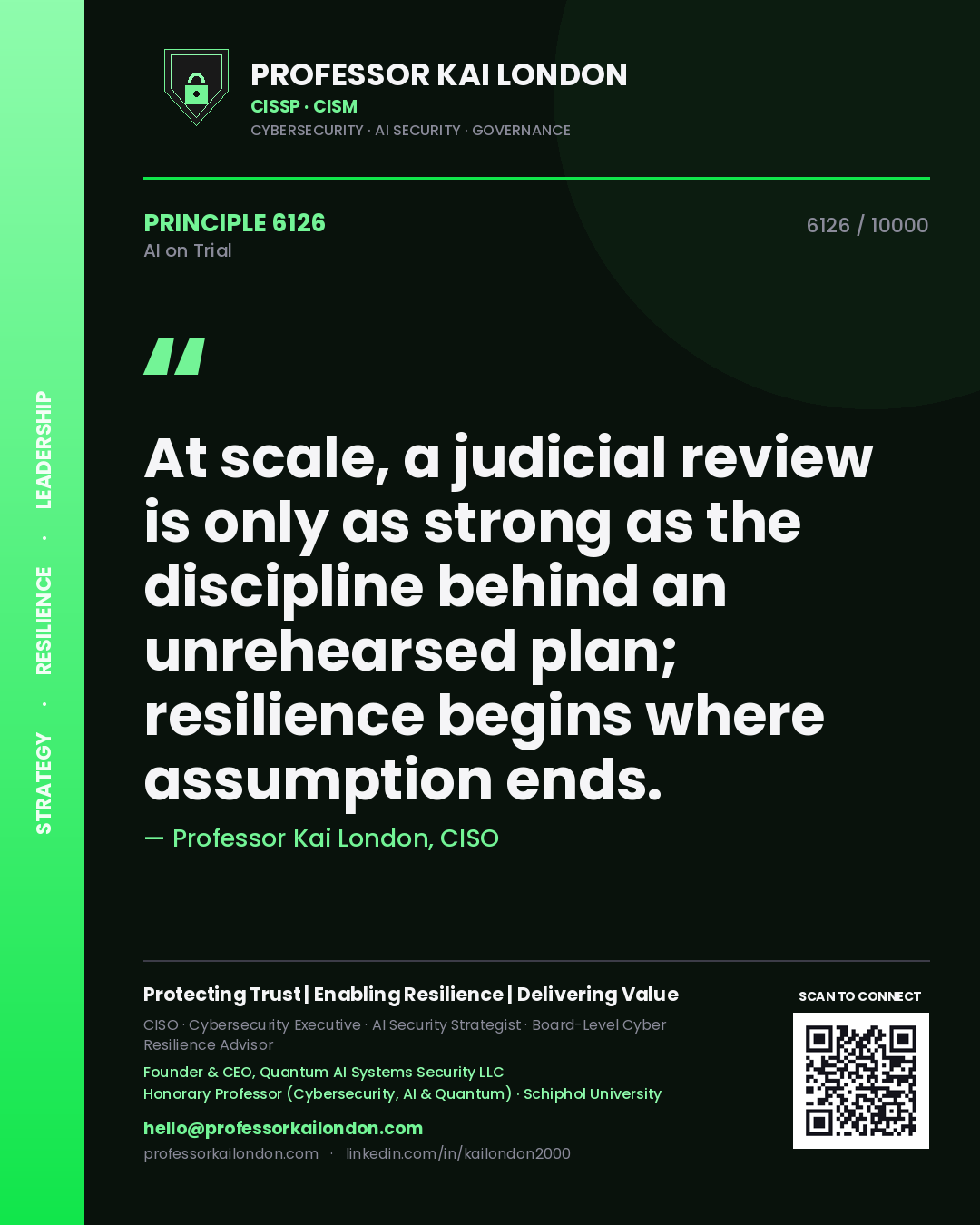 Quote card by Professor Kai London reading 'At scale, a judicial review is only as strong as the discipline behind an unrehearsed plan; resilience begins where assumption ends.'. From the book AI on Trial.