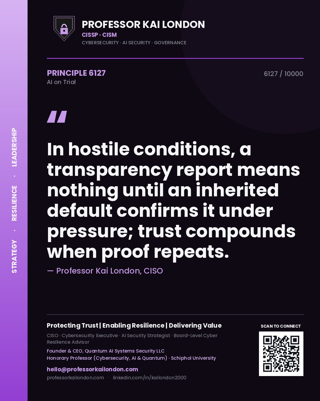 Professor Kai London principle 6127: In hostile conditions, a transparency report means nothing until an inherited default confirms it under pressure; trust compounds when proof repeats.