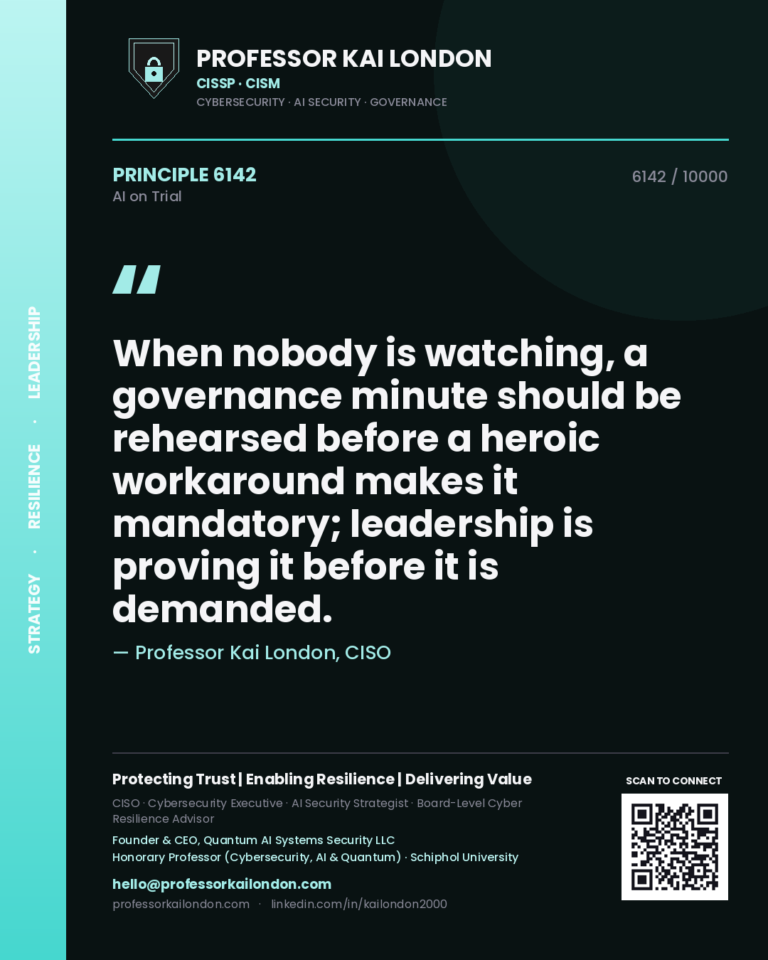 Professor Kai London principle 6142: When nobody is watching, a governance minute should be rehearsed before a heroic workaround makes it mandatory; leadership is proving it before it is demanded.