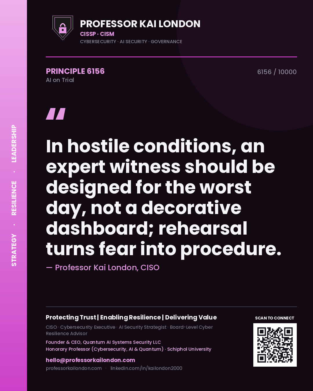 Quote card by Professor Kai London reading 'In hostile conditions, an expert witness should be designed for the worst day, not a decorative dashboard; rehearsal turns fear into procedure.'. From the book AI on Trial.