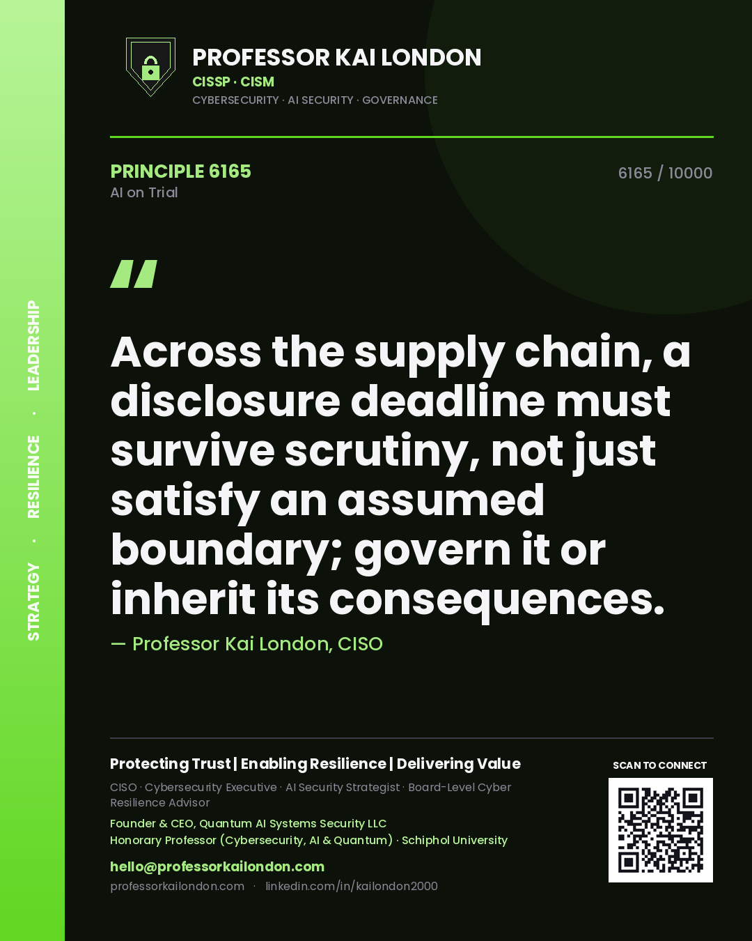 Quote card by Professor Kai London reading 'Across the supply chain, a disclosure deadline must survive scrutiny, not just satisfy an assumed boundary; govern it or inherit its consequences.'. From the book AI on Trial.