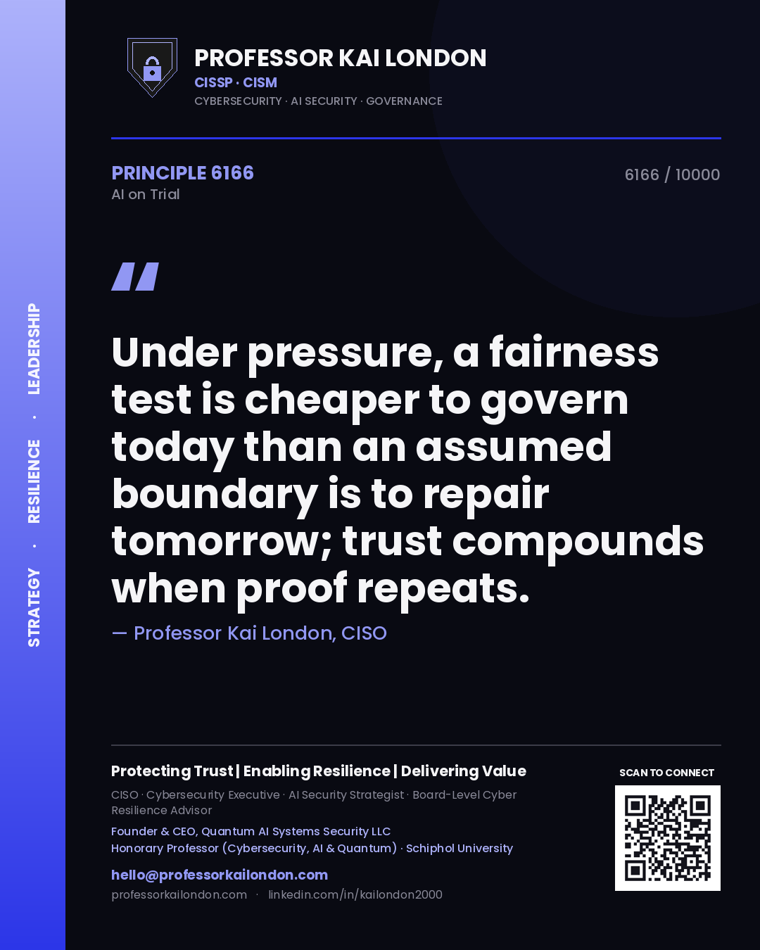 Professor Kai London principle 6166: Under pressure, a fairness test is cheaper to govern today than an assumed boundary is to repair tomorrow; trust compounds when proof repeats.