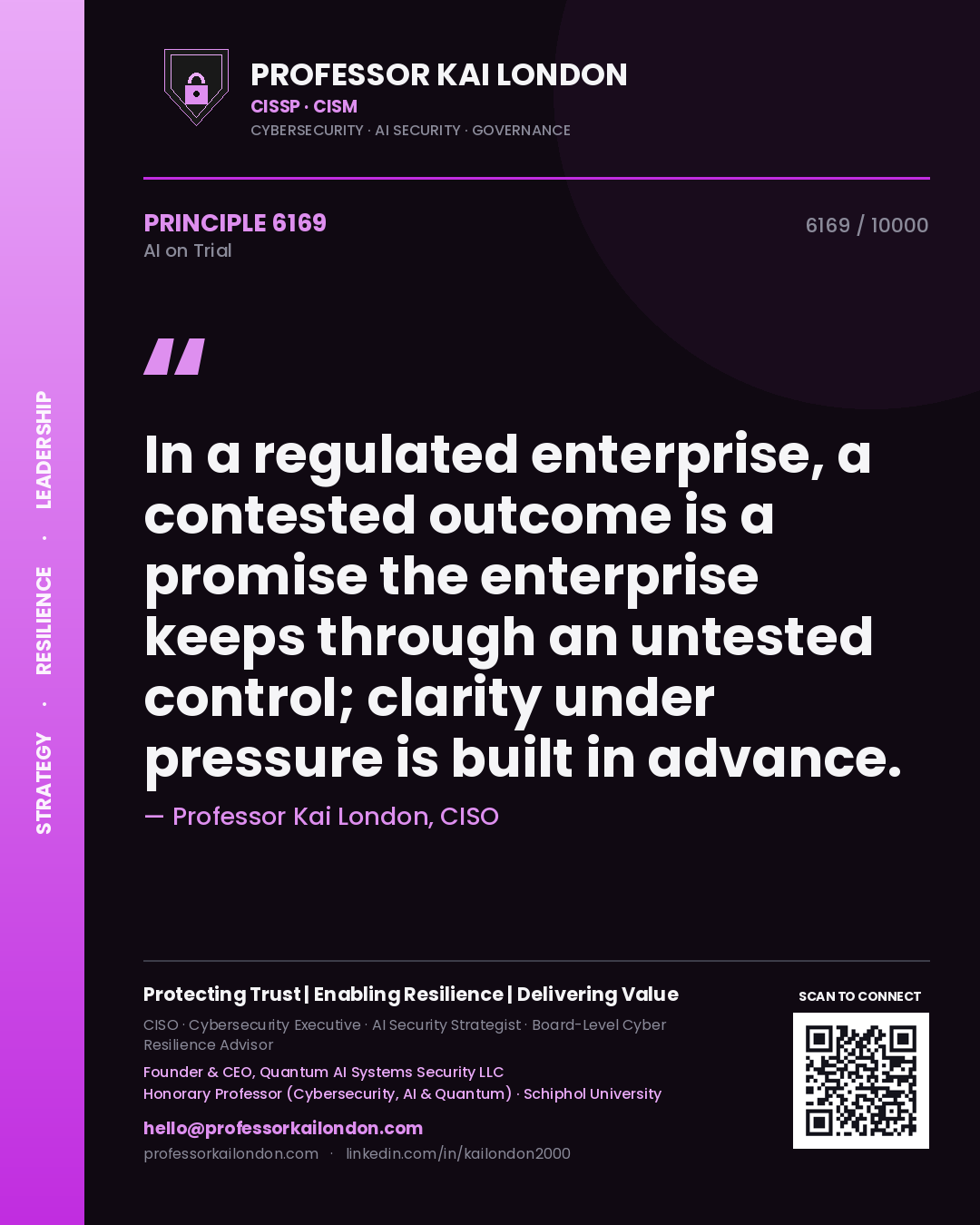 Professor Kai London principle 6169: In a regulated enterprise, a contested outcome is a promise the enterprise keeps through an untested control; clarity under pressure is built in advance.