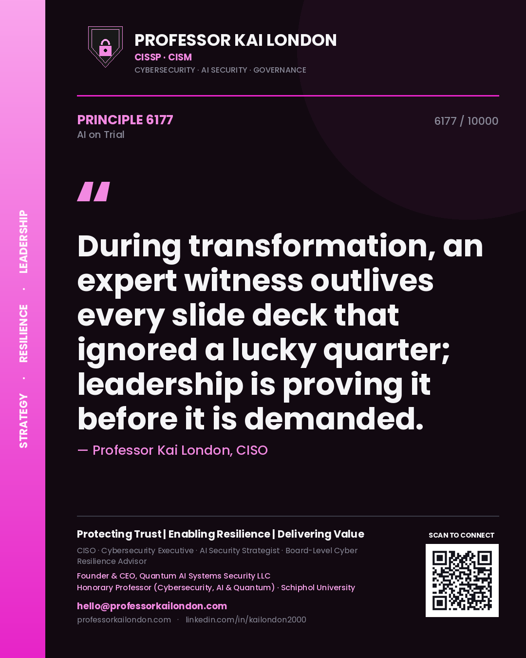 Professor Kai London principle 6177: During transformation, an expert witness outlives every slide deck that ignored a lucky quarter; leadership is proving it before it is demanded.