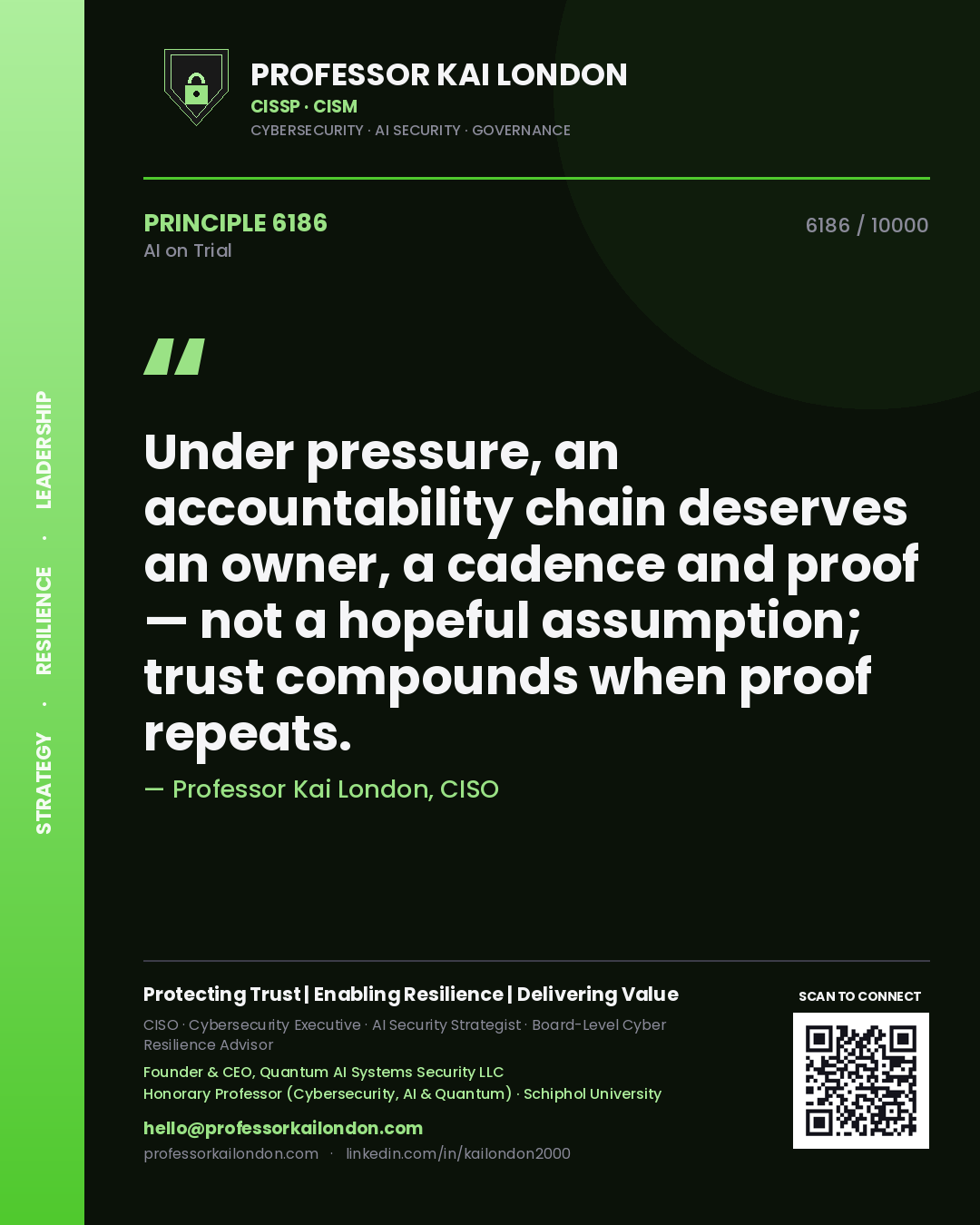 Professor Kai London principle 6186: Under pressure, an accountability chain deserves an owner, a cadence and proof — not a hopeful assumption; trust compounds when proof repeats.