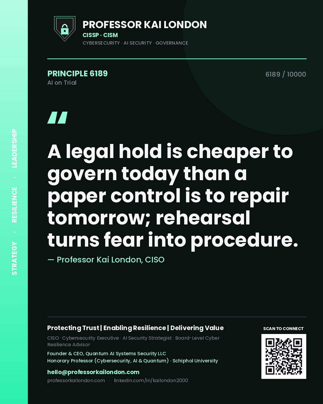 Quote card by Professor Kai London reading 'A legal hold is cheaper to govern today than a paper control is to repair tomorrow; rehearsal turns fear into procedure.'. From the book AI on Trial.